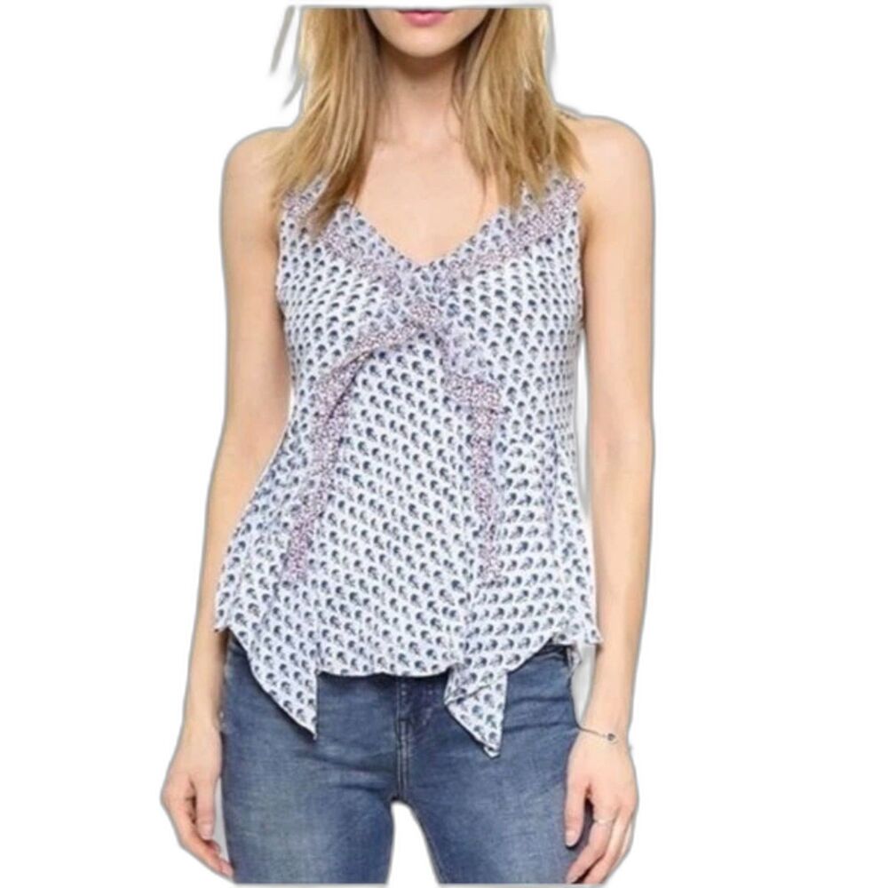 Rebecca Taylor Ditsy Tulip Blue and White Silk Ruffle Cami 6 EUC $295